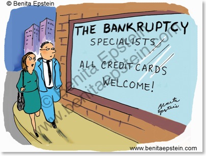 man and woman see sign: bankruptcy specialists, all credit cards welcome