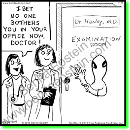 Doctor to doctor seeing alien logo on office door, 