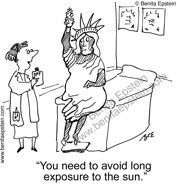 funny medical cartoon doctors office exam dermatologist spf sun exposure statue of liberty sunburn skin
