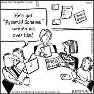 funny business cartoon meeting agenda pyramid scheme work working job jobs employee employees boss bosses table company corporation  laptops doodles notes department fired 1711