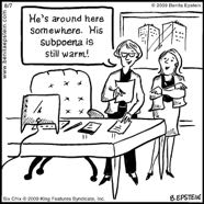 funny business cartoon office subpoena work job employee employment boss coworker at lunch personnel job description company corporation 1712