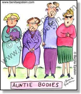 Funny science cartoon:  Title is Auntie Bodies.  There are four actual aunties standing instead of antibodies.